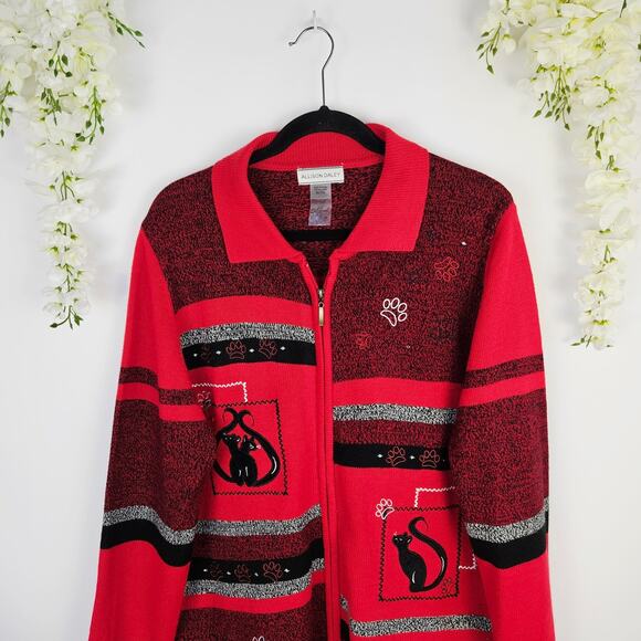 Allison Daley Cat Sweater Jacket Zip Cardigan XL Red Black Striped Embroidered - Picture 3 of 10